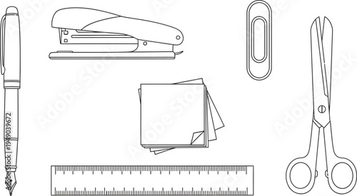 Set of essential office supplies in a clean outline style featuring a pen stapler and scissors perfect as minimalist vector design elements for business and education projects