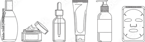 Collection of minimalist outline vector illustrations featuring various skincare and cosmetic product containers ideal for beauty branding packaging design and e-commerce web elements
