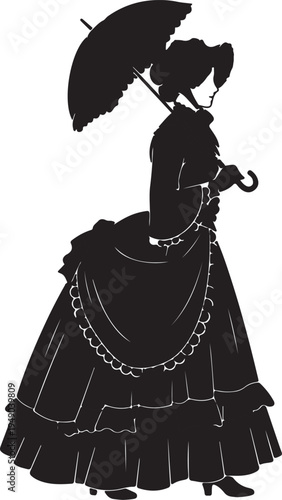 Elegant black silhouette of a Victorian lady in a full-skirted gown, bonnet, and holding an open umbrella.