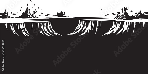 Dramatic mountain landscape vector silhouette illustration, fantasy canyon line art background