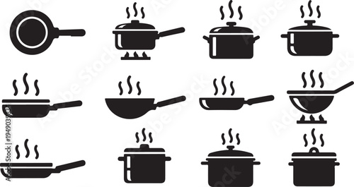 Black and white kitchen cooking pot icons set collection