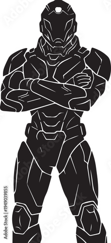 Futuristic cyborg warrior vector silhouette illustration wearing advanced heavy body armor