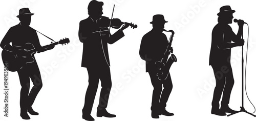 Jazz Band Musician Silhouettes Set Featuring Guitarist, Violinist, Saxophonist and Male Singer Performing on Stage, Elegant Black and White Vector Illustration for Live Music Event and Concert Poster.