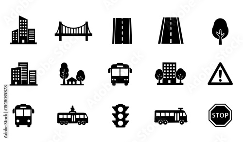 landmarks and monuments City Infrastructure Silhouette Icons Urban Transport and Buildings Vector