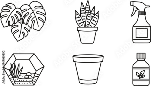 Collection of minimalist line art icons depicting houseplant care and indoor gardening essentials ideal for web app and infographic design