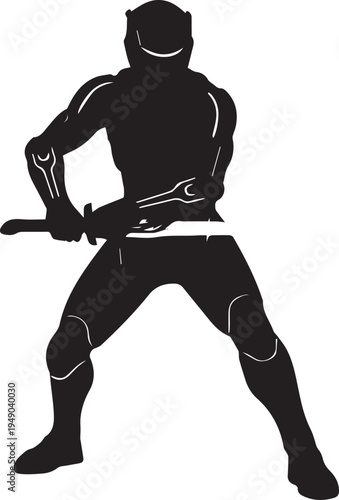 Silhouette illustration of armored warrior with sword, dynamic pose, vector art