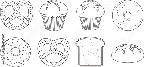 Collection of outline bakery items including pretzels muffins donuts and bread presented in a simple line art vector style for food-related designs
