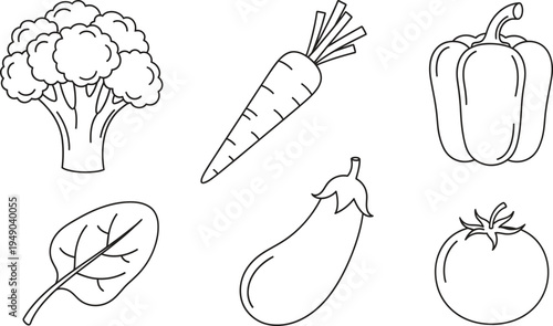Collection of fresh vegetable outline illustrations featuring broccoli carrot and tomato in a simple line art style perfect for healthy eating concepts and educational materials