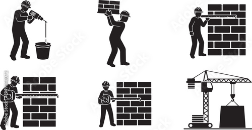 Construction Worker Silhouette Vector Set: Industrial Builders, Bricklayers, Masonry Work, Crane Operation, and Home Renovation Icons for Engineering, Architecture, and Site Safety Design Projects.
