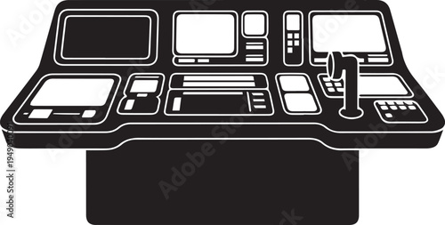 Spacecraft control panel silhouette vector illustration with screens and buttons design