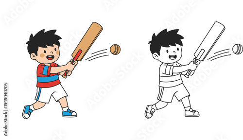 Photos Cute little boy playing cricket cartoon vector illustration with colored version and black and white line art for coloring book