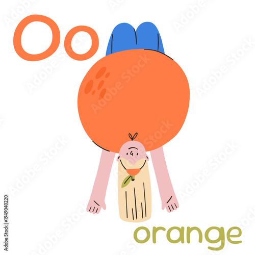 A girl with blonde hair in an orange costume hangs upside down, a card with the letter O