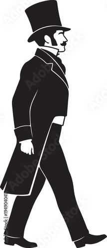 A classic black silhouette of a man walking, dressed in historical 1800s fashion with a top hat, a long coat, and a mustache.