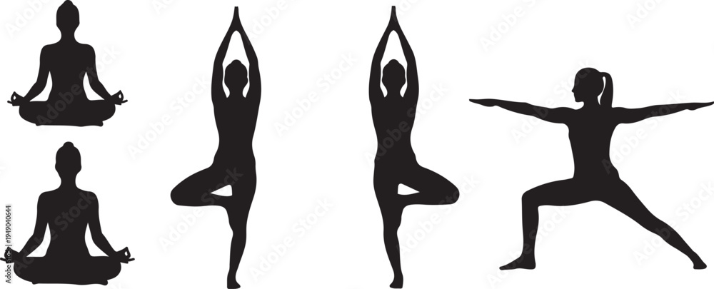 Fototapeta premium Yoga Poses Silhouette Vector Set, Zen Meditation Figures, Woman Doing Yoga Exercises, Tree Pose, Warrior Pose, Lotus Position, Fitness and Wellness Icons, Black Minimalist Graphic Illustration.