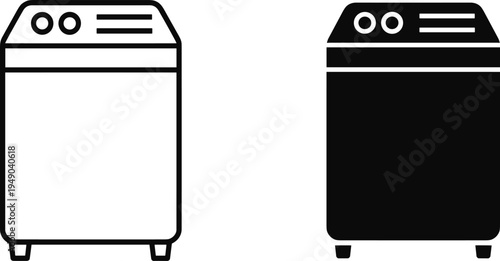 Minimal washing machine icon set with outline and solid style, laundry appliance symbol collection, household cleaning equipment illustration isolated for UI design, apps, web, and print