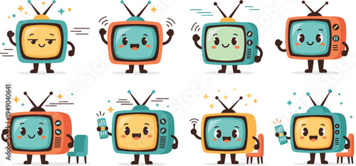 Cute cartoon retro television characters vector set vintage TV mascots with antenna remote control kawaii technology illustration collection isolated background