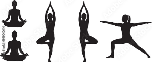Yoga Poses Silhouette Vector Set, Zen Meditation Figures, Woman Doing Yoga Exercises, Tree Pose, Warrior Pose, Lotus Position, Fitness and Wellness Icons, Black Minimalist Graphic Illustration.