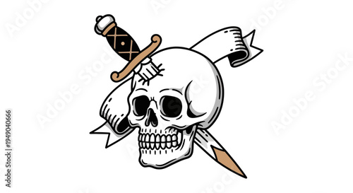 Skull dagger ribbon tattoo design isolated on white background