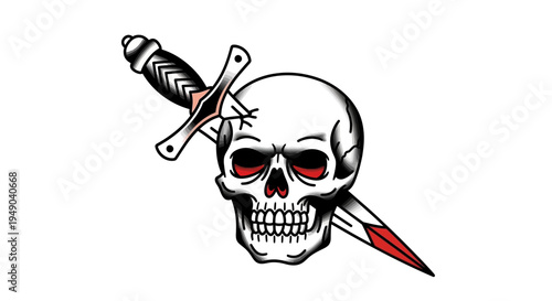 Skull dagger tattoo art, old school style, white background