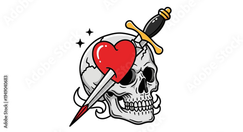 Skull pierced by heart and dagger, tattoo style