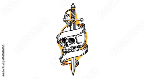 Skull Sword Ribbon Banner Tattoo Design