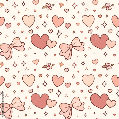Seamless Pattern with Hearts, Ribbon Bows and Small Flowers on Pastel Background