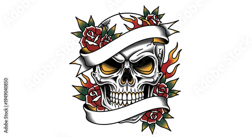 Skull with Roses, Flames, and Banner - Tattoo Art