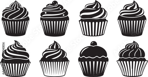 Black and white cupcake illustrations in various designs sweet
