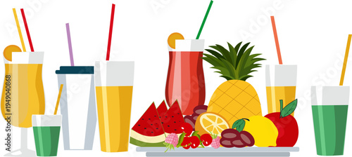 Summer drinks and tropical fruits set