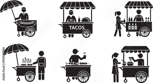 Street Food Cart and Mobile Vendor Icon Set, Black and White Vector Illustrations of Hot Dog Stand, Taco Truck, BBQ Grill, Drink Stall, and Noodle Shop, Flat Design Pictograms for Business and Menu.