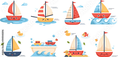 Cute cartoon sailboat characters vector set colorful sailing boats with waves fish ducks playful marine illustration collection isolated background