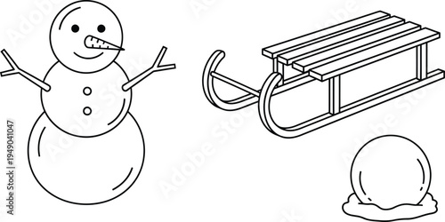 Set of classic winter elements featuring a snowman sled and snowball in a minimalist line art vector illustration ideal for seasonal designs