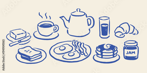 Breakfast food set outline sketch vector illustration