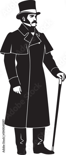 A classic black silhouette of an 1800s gentleman wearing a top hat, a long overcoat, and holding a walking stick, depicting vintage fashion.