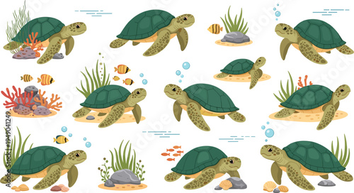 Sea turtle ocean wildlife vector set marine turtles swimming underwater with coral fish seaweed coastal nature illustration collection isolated background