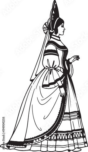Elegant black and white silhouette of a woman in elaborate 18th-century fashion, featuring a distinctive tall hat and full gown, viewed in profile.