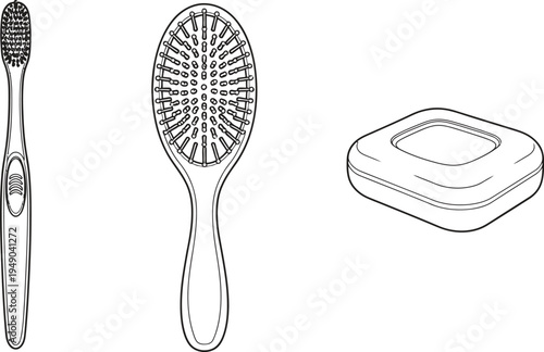 Set of essential personal hygiene items including a toothbrush hairbrush and soap bar rendered in a simple line art vector style for health and beauty concepts