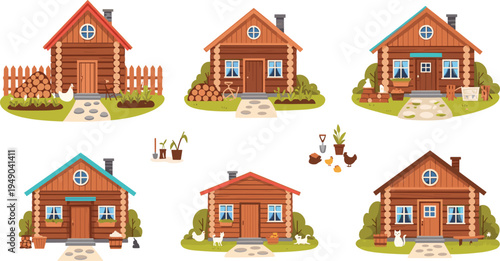 Rustic wooden log cabin houses vector set countryside cottages with fences plants animals cozy rural homes illustration collection isolated background