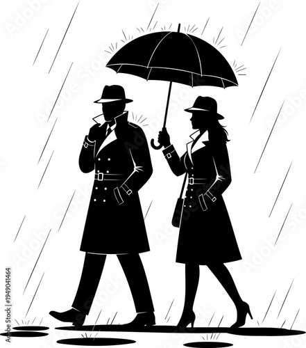 Silhouette of man and woman in trench coats walking in rain under umbrella on transparent background