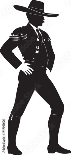 Detailed black silhouette showcasing 1800s fashion, featuring a distinguished Spanish gentleman or matador in a wide-brimmed hat and elaborate suit.