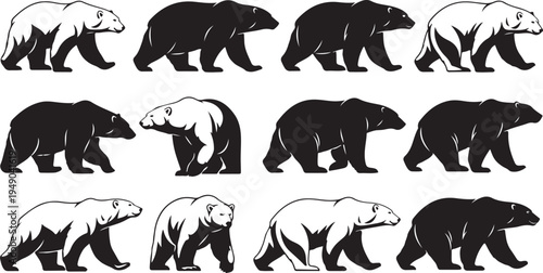 Collection of black and white bear silhouettes walking sideways