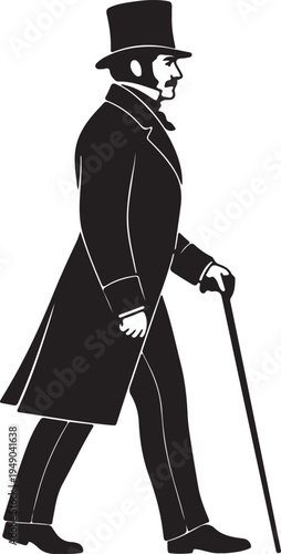 A distinguished gentleman in 1800s fashion, wearing a top hat and a long coat, strolls with a walking stick in a striking black and white silhouette.