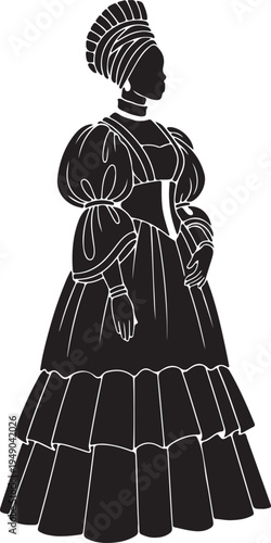 A striking black and white silhouette of a woman dressed in intricate 1800s fashion, showcasing historical elegance and detailed period attire.