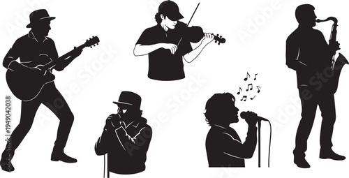 Musical Band Silhouette Set: Professional Musicians Playing Instruments Including Guitar, Saxophone, Violin, Harmonica, and Singer. Minimalist Black and White Vector Art for Jazz and Rock Concepts.