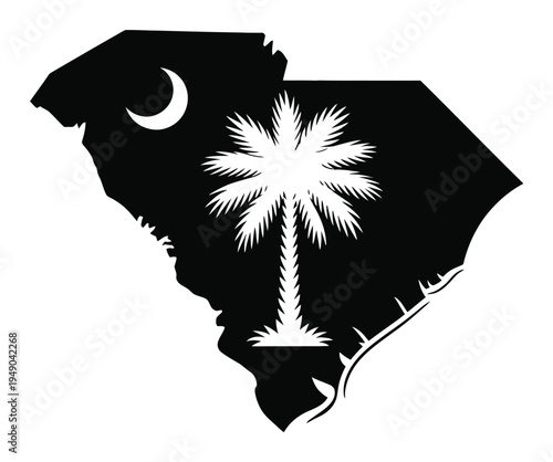 South Carolina Map Palm Tree Crescent Moon Vector Illustration