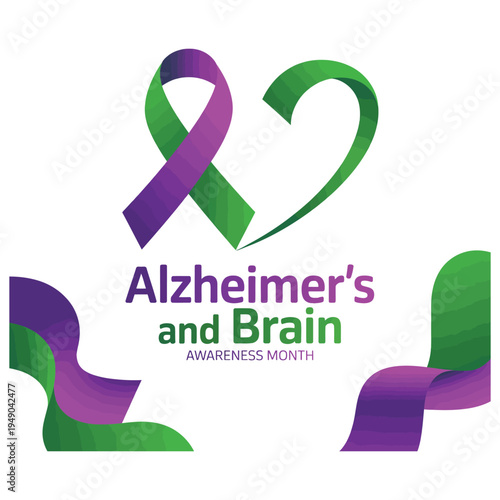 Alzheimer's and Brain Awareness Month with Ribbon Heart and Wavy Shapes
