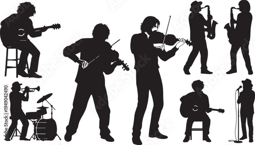 Musical Instruments Player Silhouettes Set: Professional Musicians Playing Violin, Guitar, Saxophone, Trumpet, and Drums. Black and White Vector Illustrations for Jazz Band, Orchestra, and Live Concer