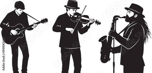 Musicians Trio Vector Silhouette Illustration: Professional Band Playing Acoustic Guitar, Violin, and Saxophone for Jazz, Folk, or Classical Live Performance, Isolated Black and White Vector Art..