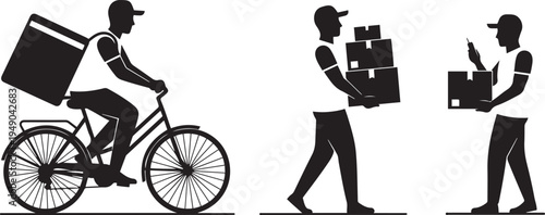 Delivery Service Vector Set: Courier Riding Bicycle with Backpack, Delivery Man Carrying Cardboard Boxes, and Worker Using Smartphone App for Parcel Shipping - Professional Black Silhouette Icons.