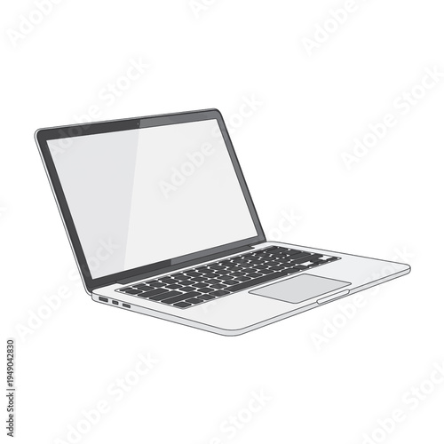 A black and white illustration of an open laptop computer on a plain white background with a blank screen and keyboard